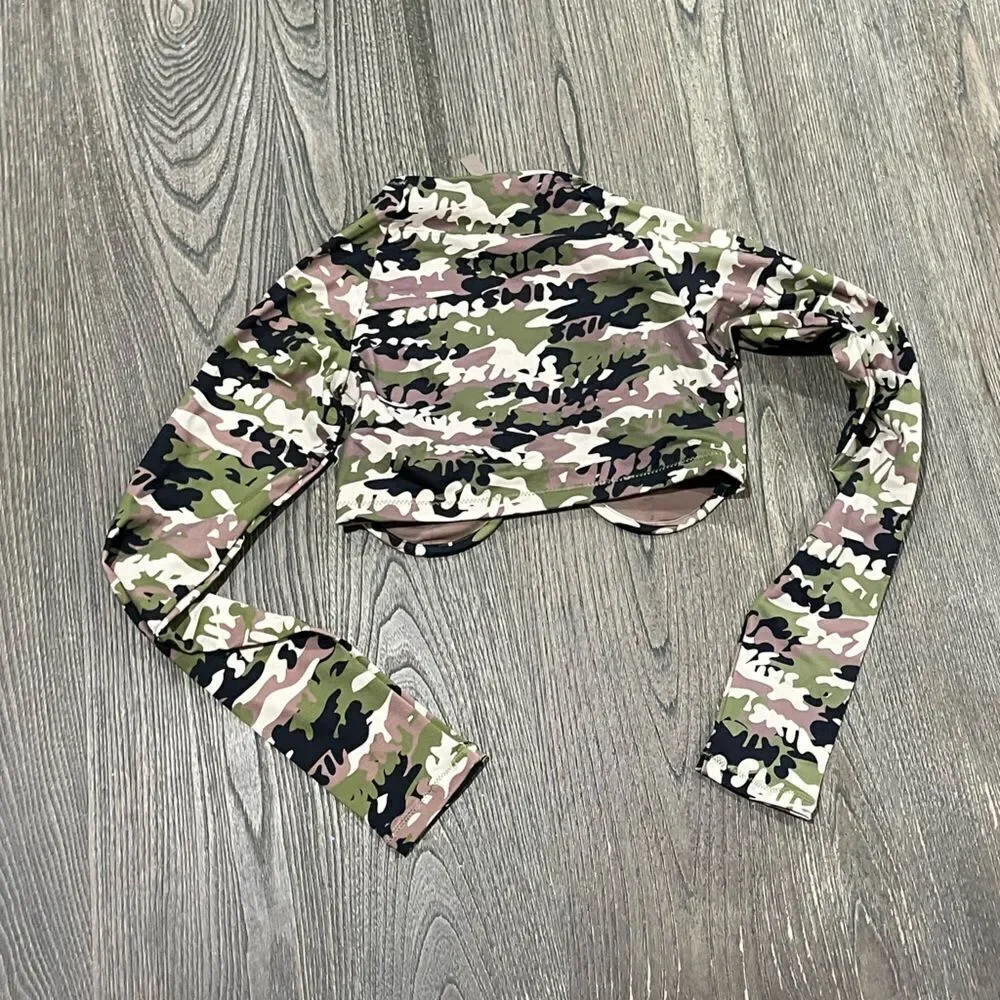 NWT Skims Recycled Swim Long Sleeve Underwire Top Deep Plunge Neck Camo XXS